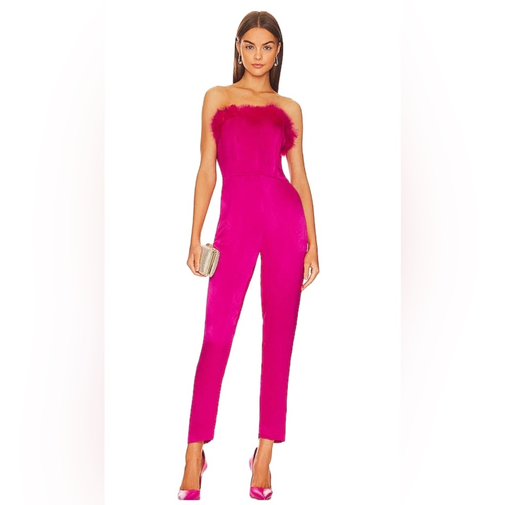 Free People by Raya  Faux Feather-Trimmed Satin Jumpsuit